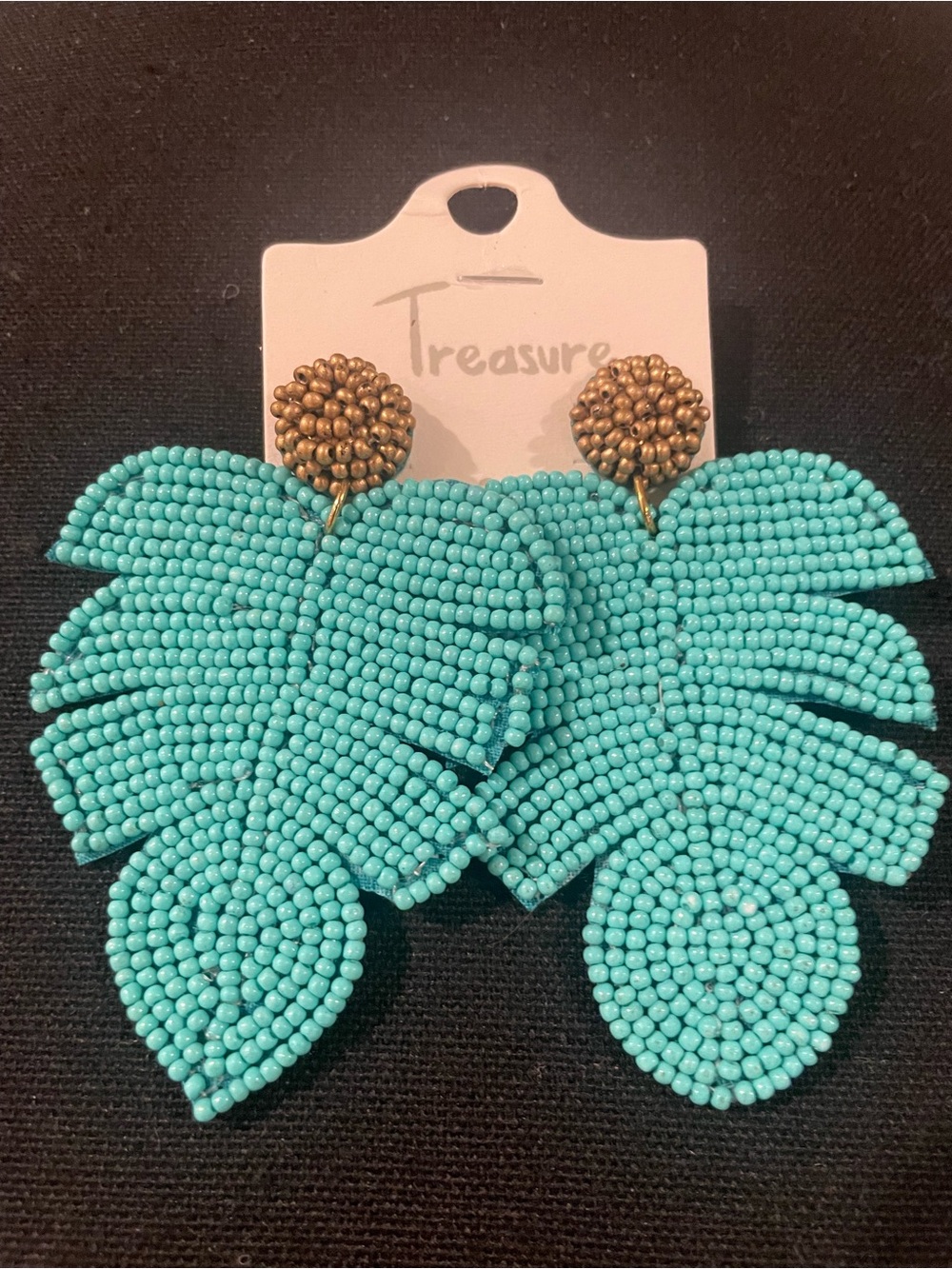 Large Turquoise Beaded Leaf Drop Earrings